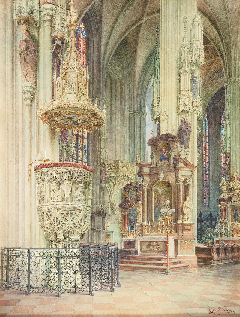 Interior of a cathedral featuring pulpit and stained glass by Richard Moser