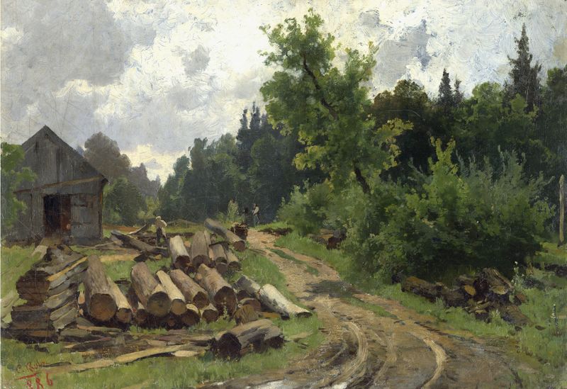 Landscape with stacked logs and soft light, oil on canvas by Carl Bolze