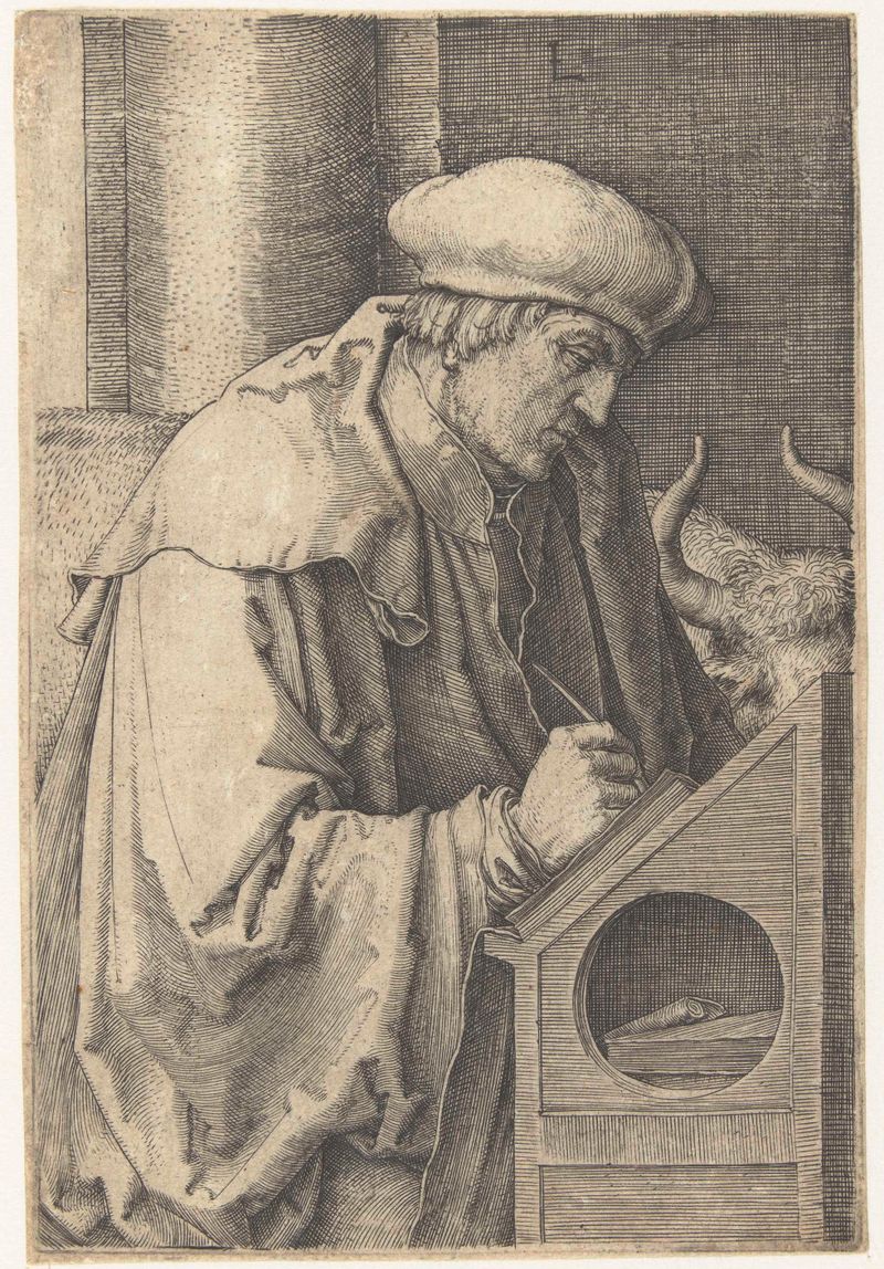 Gravura de Lucas van Leyden representando São Lucas com uma pena e uma página em branco.
