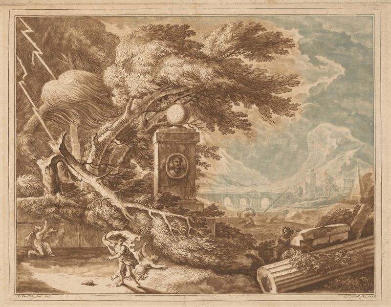Heroic Stormy Landscape de Elisha Kirkall, que representa un paisaje tormentoso con nubes oscuras y relámpagos.
