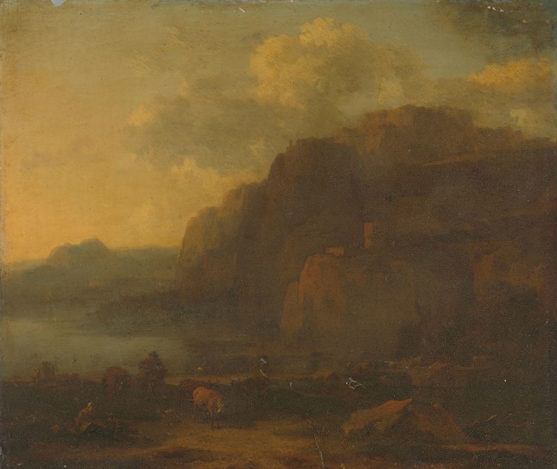 Italian Landscape de Nicolaes Pietersz Berchem, óleo sobre lienzo que representa colinas y luz dorada