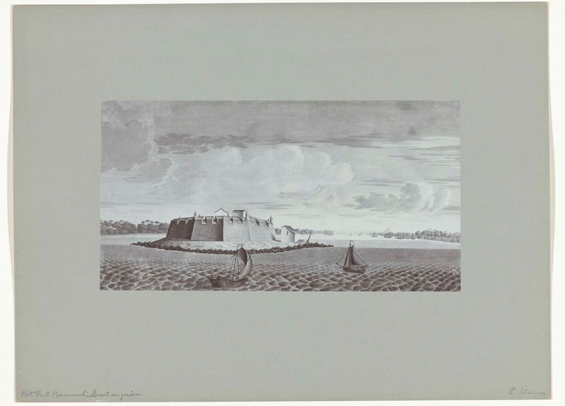 Marine scene depicting a fortress at sunset, paper by Hübner & Van Santen Roeloffzen