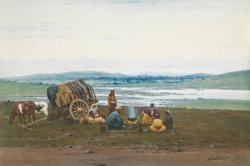 Escena figurativa de figuras reunidas en un campamento de Richard Karlovich Zommer