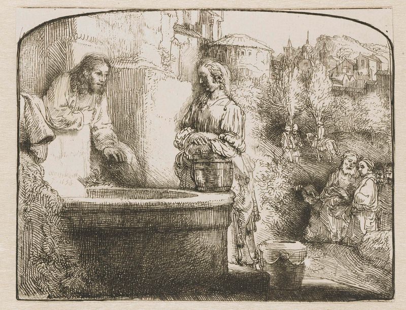 Cristo e a mulher samaritana em uma gravura de Rembrandt van Rijn