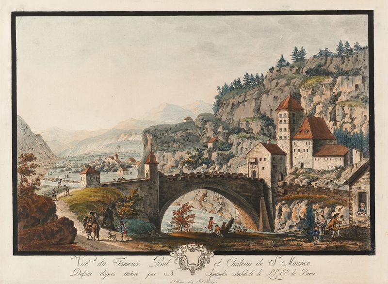 Vue du Fameux Pont et Chateau de St. Maurice by Niklaus Sprüngli, oil painting depicting a bridge over a river.