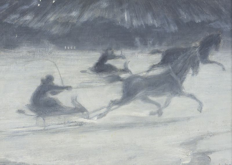 Sleighing on the Ice, oil on canvas by J.A.G. Acke, depicting figures on ice under sunlight.