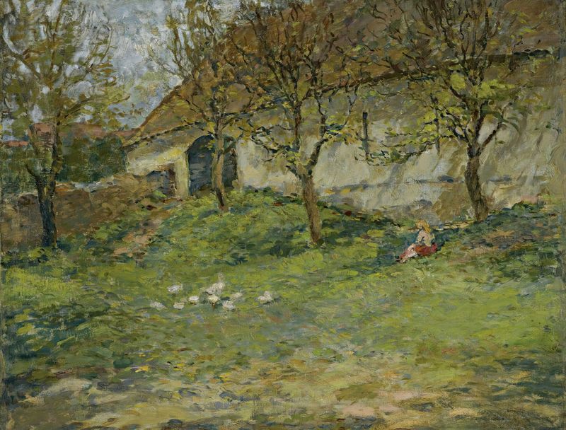 Landscape by Otakar Lebeda, oil on canvas depicting a river and forest.