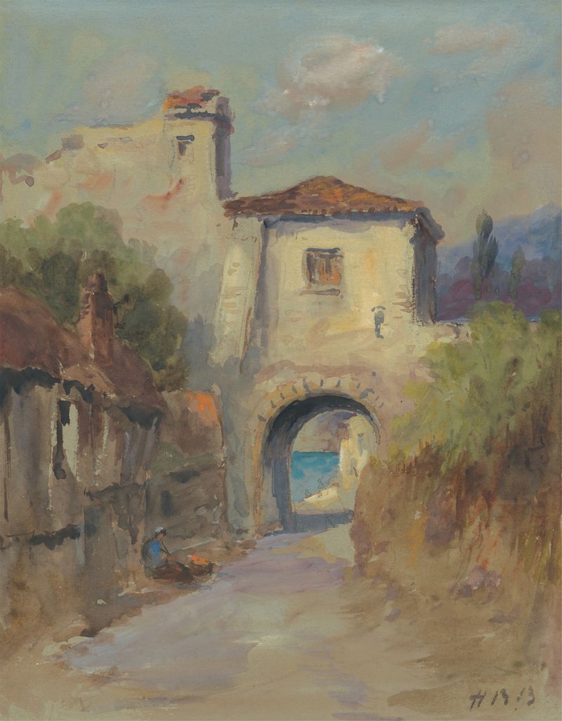 Gateway de Hercules Brabazon Brabazon, aquarela sobre papel que retrata um arco e uma paisagem