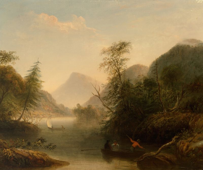 River landscape with three men in a punt, oil painting by William Macleod