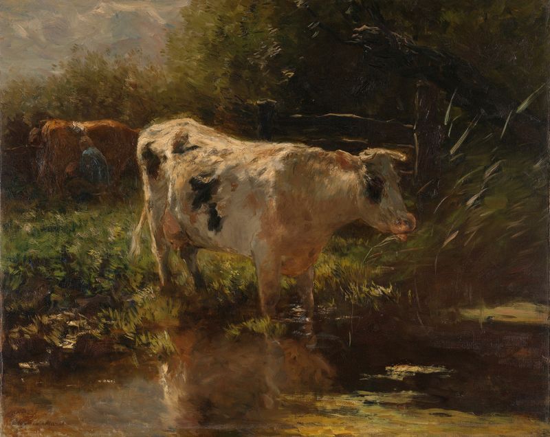 Cow beside a ditch in a summer landscape, oil painting by Willem Maris