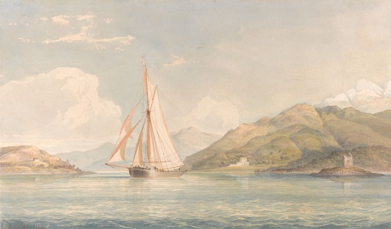 Barco navegando en el agua con montañas al fondo, óleo sobre lienzo de John Christian Schetky