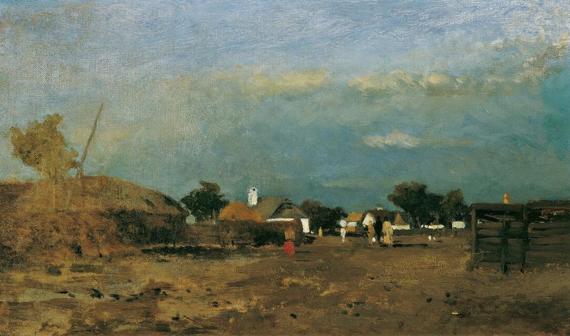 Landschaft in der Puszta Szolnok de Tina Blau, óleo sobre lienzo que representa un paisaje sereno.