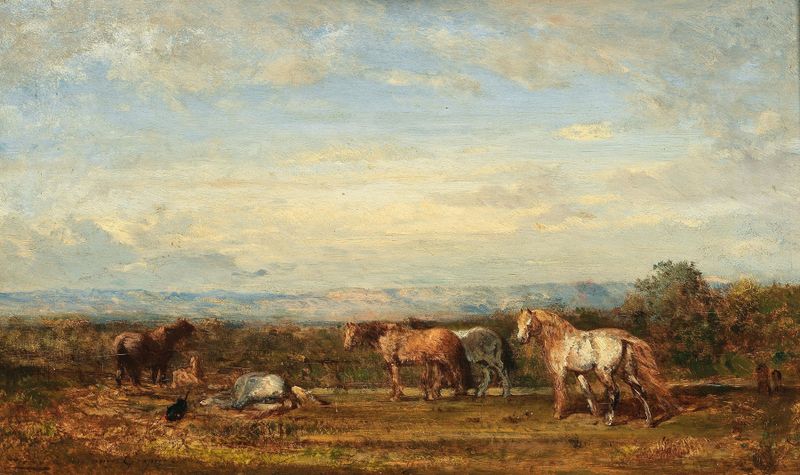 Les Chevaux Camarguais de Félix Ziem, representando caballos en un paisaje, pintura al óleo
