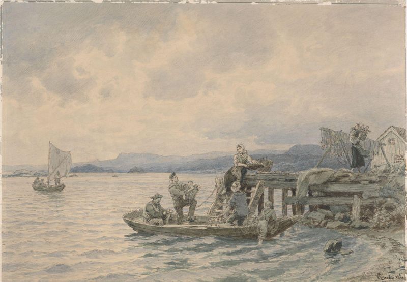 Pescadores en el muelle en el fiordo de Kristiania de Hans Gude, pintura al óleo