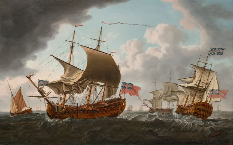 Un buque de guerra británico en tres posiciones en el Canal de Francis Swaine, óleo