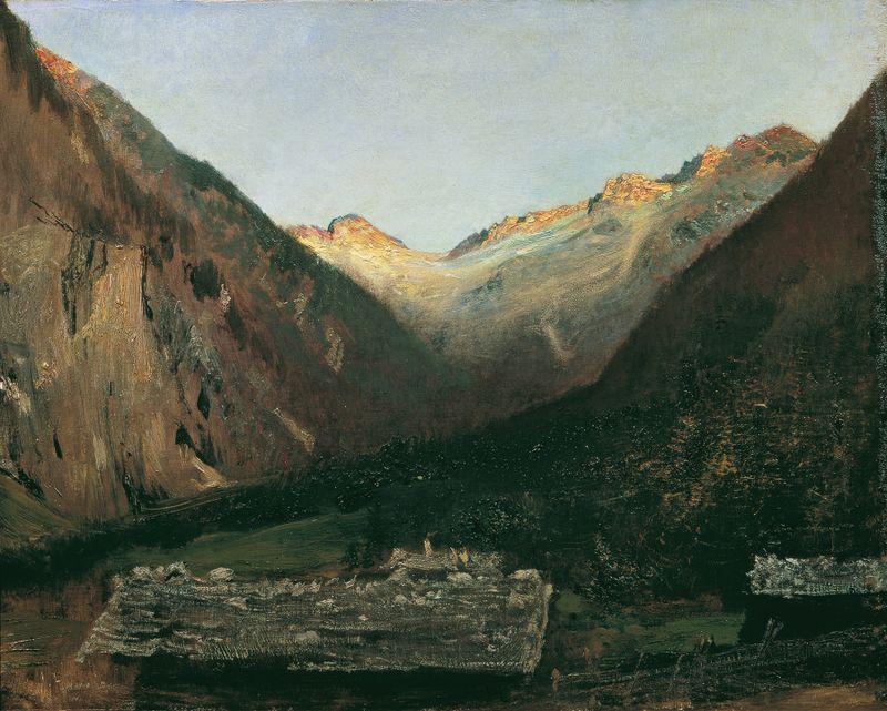 Twilight landscape with mountains by Anton Romako, oil on canvas