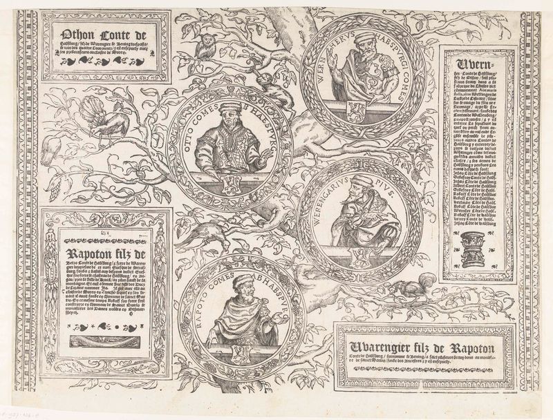 Dibujo histórico en papel de Robert Péril que representa figuras de la dinastía Habsburgo.