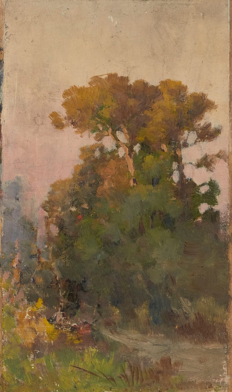 Landscape with Trees, oil on canvas by Henryk Cieszkowski, featuring lush foliage and dappled light.