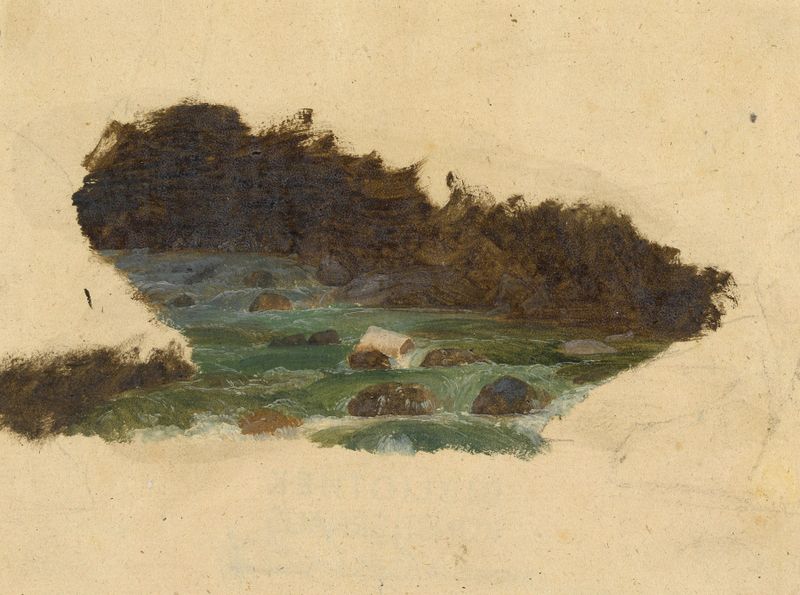 Detailstudie eines Baches de Johann Matthias Ranftl, óleo sobre tela representando um rio com reflexos de luz.
