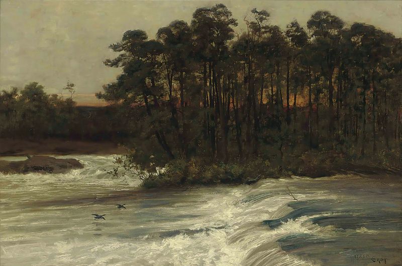 Oil painting by Sir Alfred East featuring a river, dark trees, and reflections