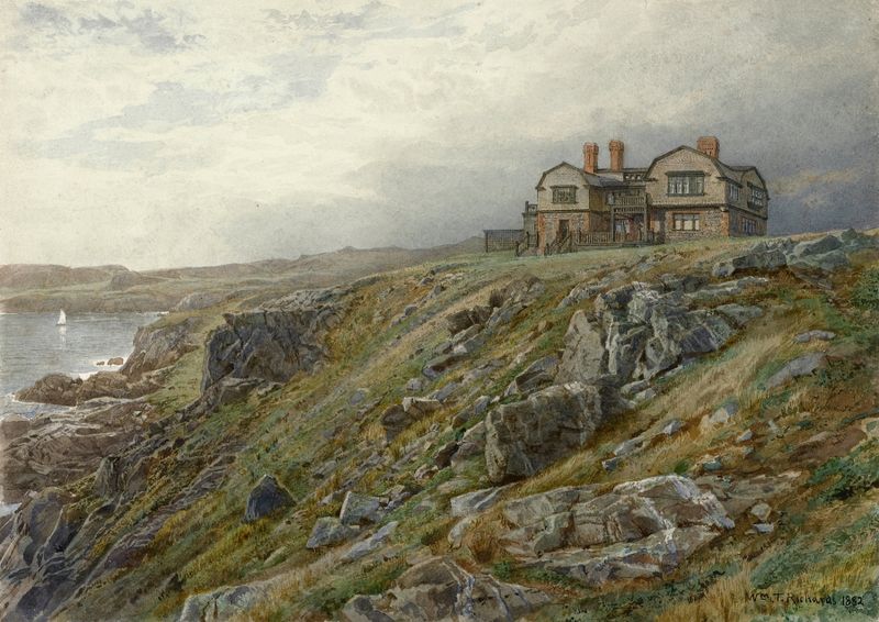Graycliff, el hogar del artista, óleo sobre lienzo de William Trost Richards, que representa acantilados y flora