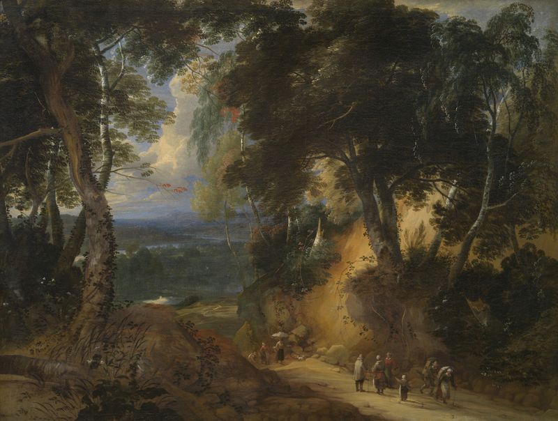 The Soignes Forest by Lodewijk de Vadder, oil painting depicting a tranquil landscape with a stream.