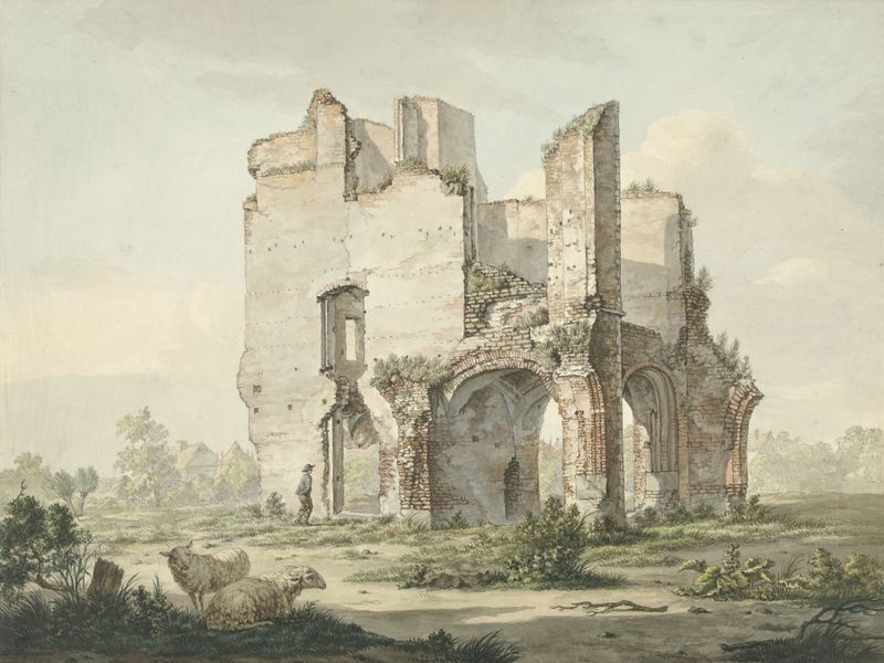 De ruïne van de Abdij van Rijnsburg by Jacob van Liender, oil on canvas depicting abbey ruins.