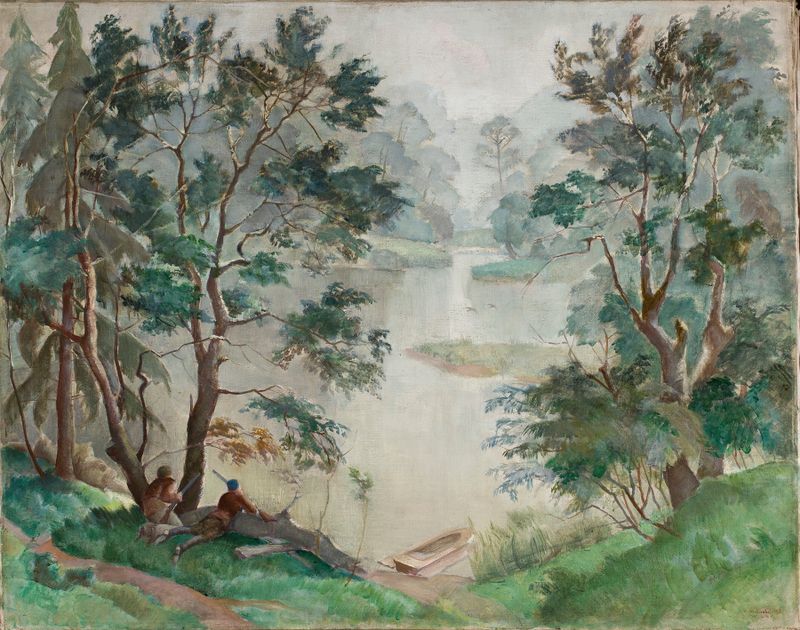 Neblinas de outono pintura a óleo de Michał Rouba mostrando árvores envoltas em névoa e cores de outono