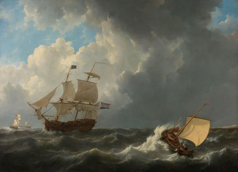 Ships in a turbulent sea, oil on canvas by Johannes Christiaan Schotel
