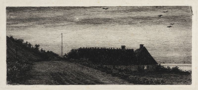 Huse ved stranden Sommernat by Carl Bloch, oil on canvas depicting a twilight village by the sea