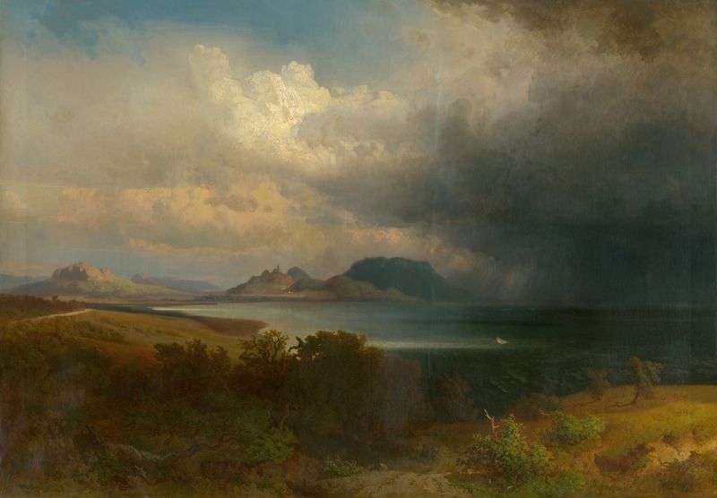 Storm over Lake Balaton by Alexander Brodszky, oil painting depicting a turbulent sky over a lake.