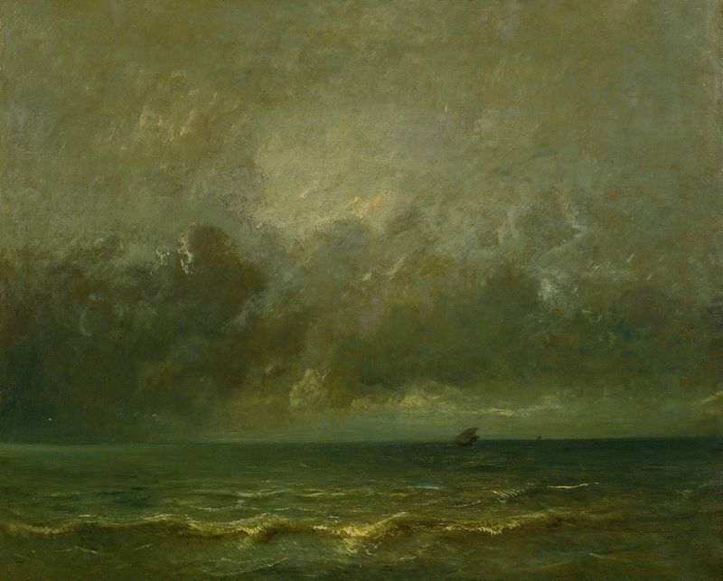 Calm Before The Storm by Jules Dupré, oil painting depicting a serene landscape before a storm.