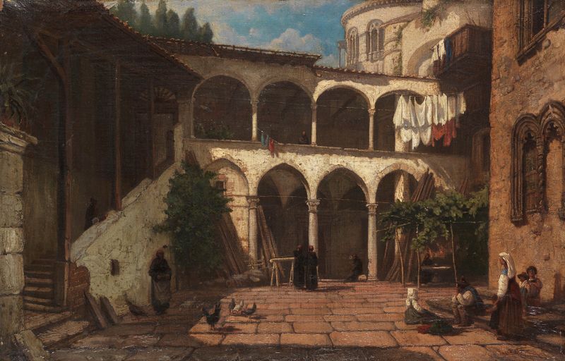 Arquitectura de claustro con arcos y vegetación de Julius Zielke, pintura al óleo
