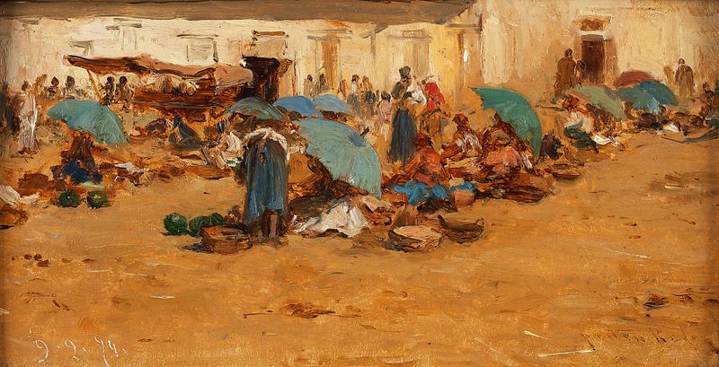 Ungarischer Markt mit blauen Schirmen, oil on canvas by August von Pettenkofen showing a lively market scene.