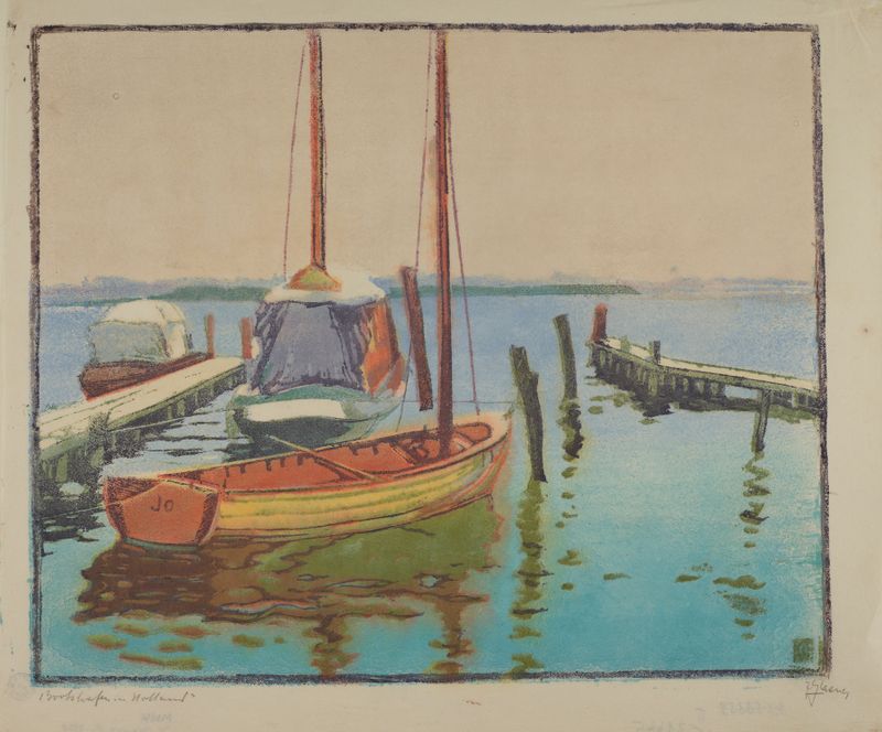 Bootshafen in Holland, oil on canvas by Jakub Glasner, depicting boats on tranquil water