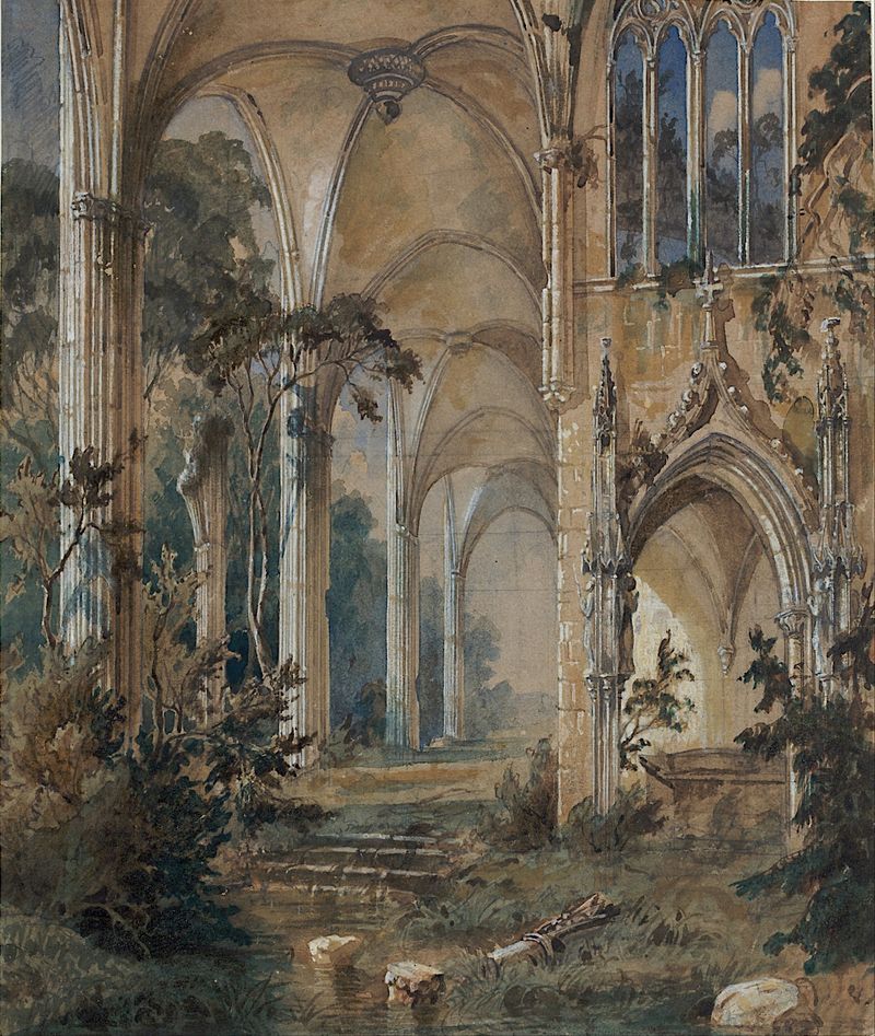 Gothic Church Ruin by Carl Blechen, depicting crumbling church architecture in twilight.