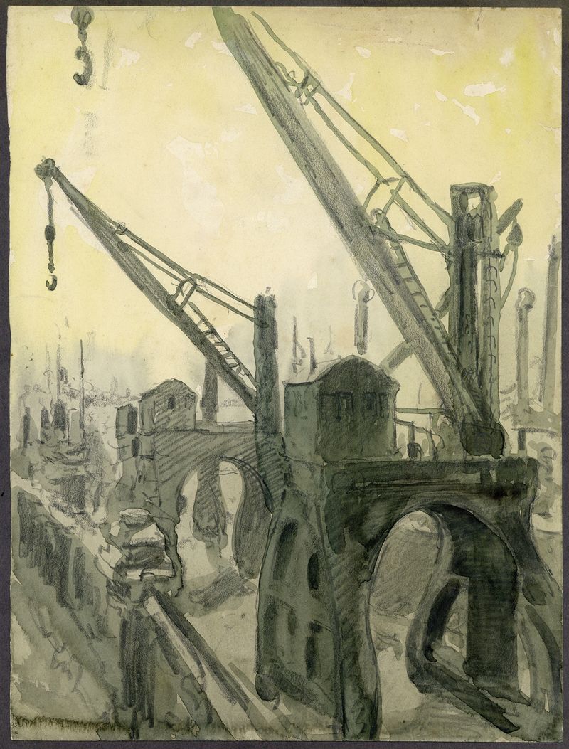 Havenkranen op de kaaien de Alfred Ost, pintura al óleo que muestra grúas de puerto contra el cielo