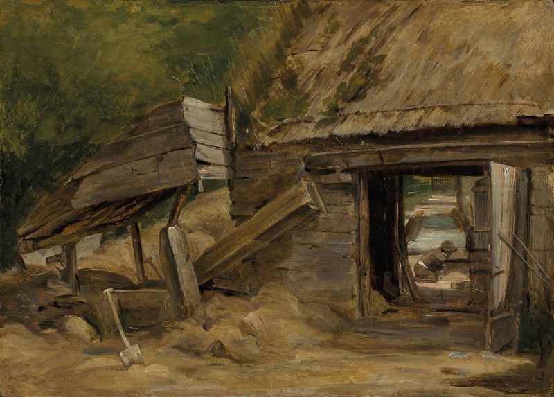 El viejo cobertizo del molino de John Constable, pintura al óleo que representa un paisaje tranquilo con árboles y luz.