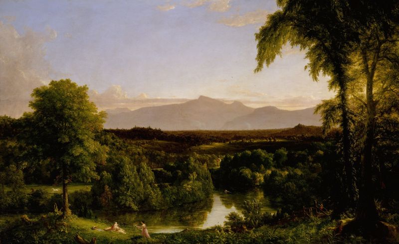 View on the Catskill—Early Autumn by Thomas Cole, oil painting depicting autumn hills and colorful foliage.