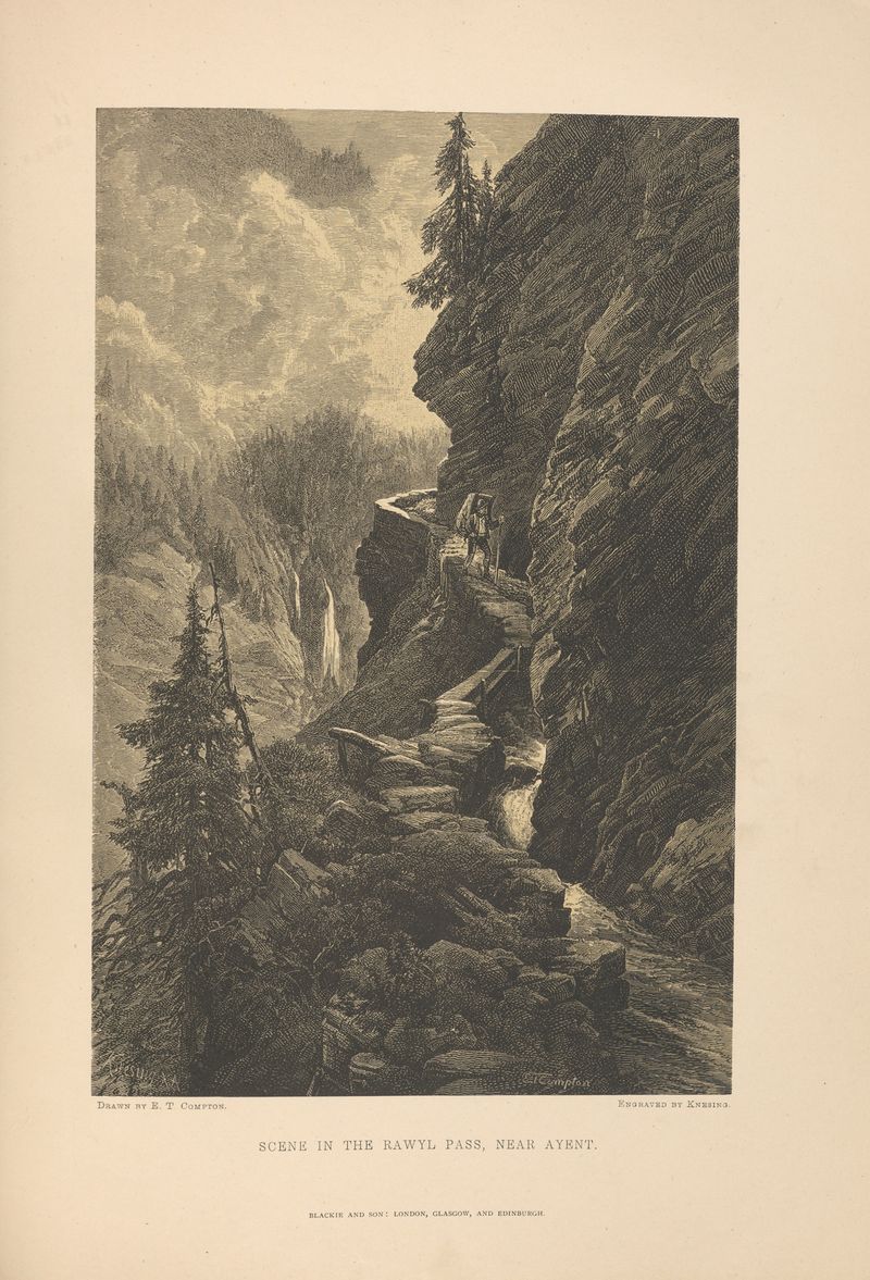 Cena no Passo Rawyl, perto de Ayent de Theodor Gsell Fels, pintura a óleo que mostra montanhas e natureza.