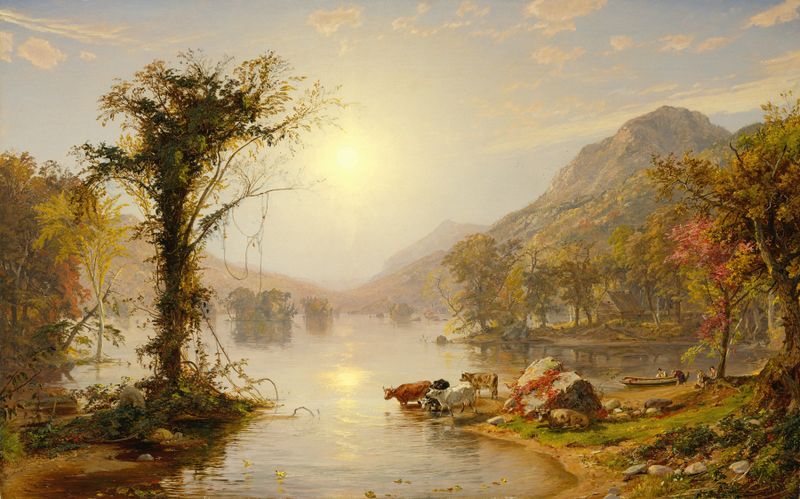 Autumn on Greenwood Lake by Jasper Francis Cropsey, oil painting depicting golden leaves and reflections.