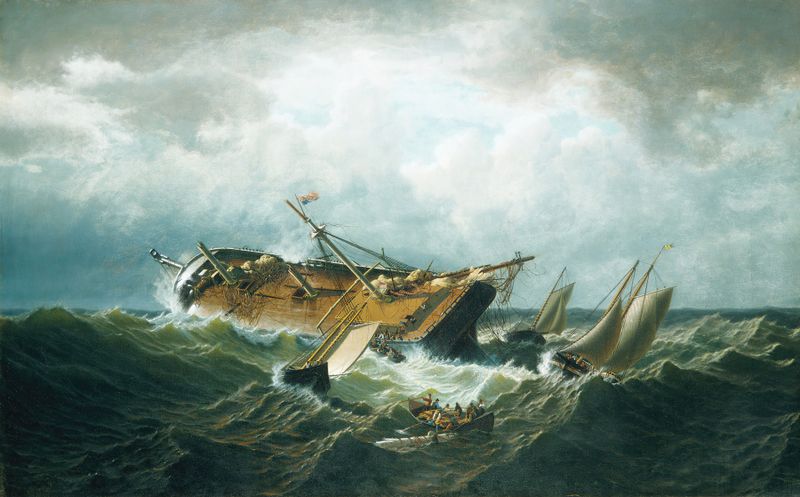 Shipwreck off Nantucket by William Bradford, oil painting depicting a shipwreck in turbulent waves.