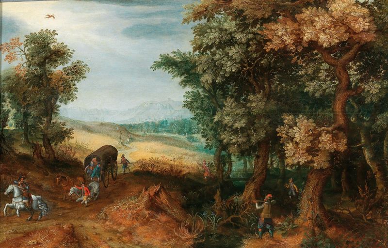 A wooded landscape with an ambush by Mattheus Molanus, oil on canvas depicting a serene grove and dappled sunlight.
