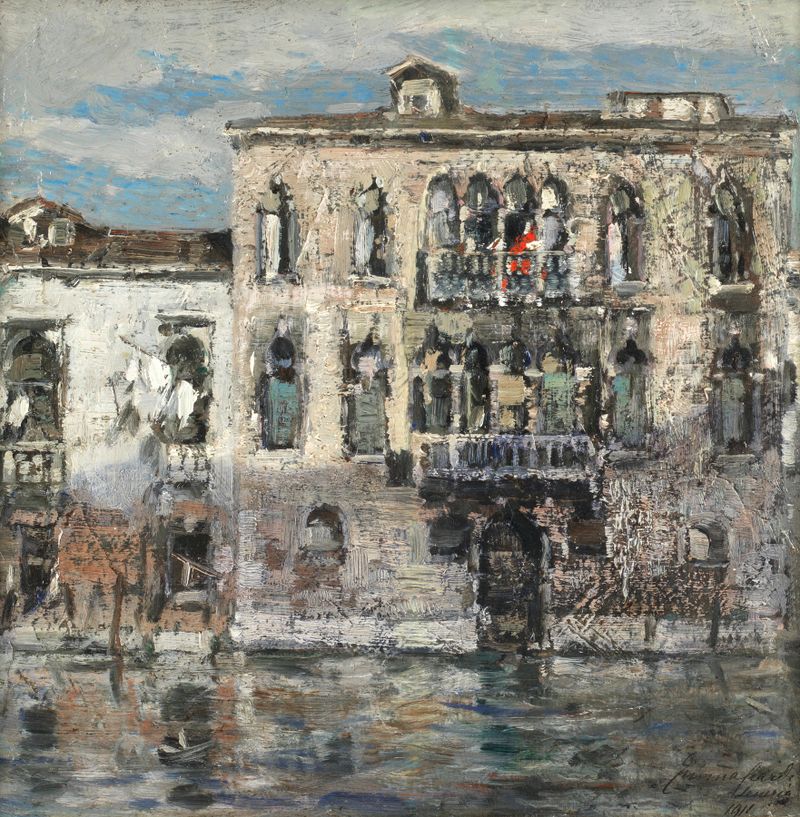 Venice landscape by Emma Ciardi, featuring gondolas and reflections in water, impressionism