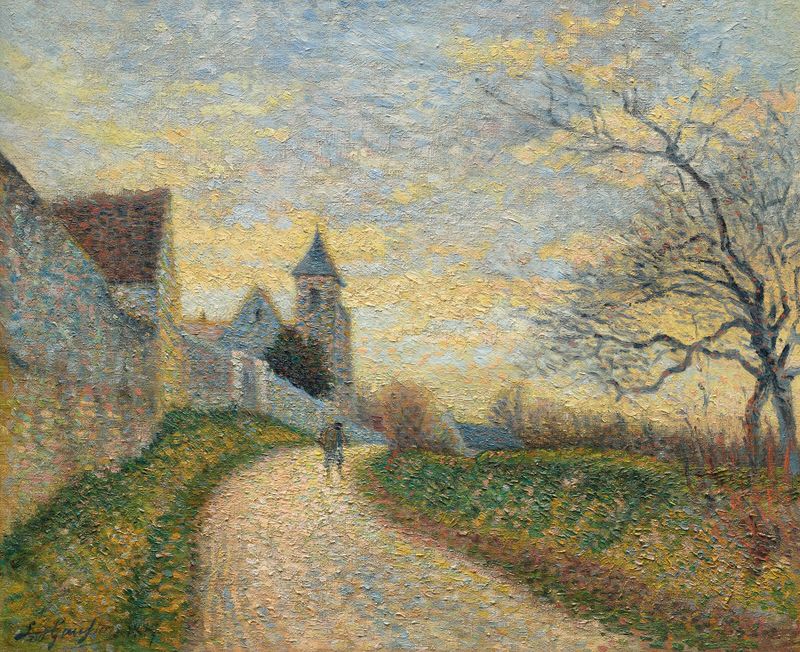 Paisagem com uma igreja e céu de Léo Gausson, pintura a óleo