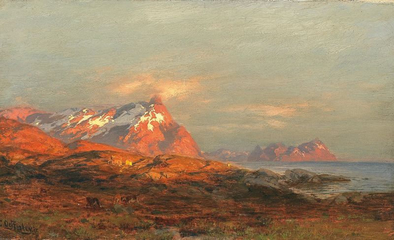 Sunset over the Lafoten by Carl August Heinrich Ferdinand Oesterley, oil painting depicting a vibrant sunset landscape.
