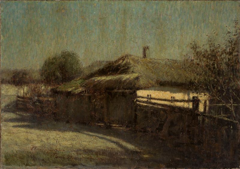 Cabaña campesina a la luz de la luna, pintura al óleo de Józef Andrzejewski