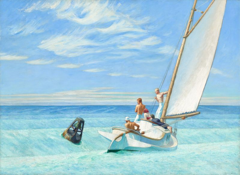 Ground Swell by Edward Hopper, oil painting depicting figures on a beach with ocean waves.
