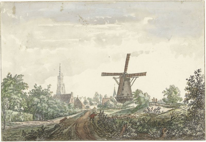Landscape featuring a winding road and lush fields by Jacob van Liender, oil painting.