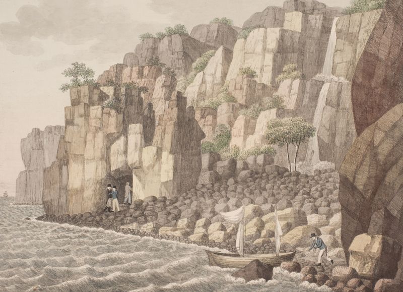 Paisaje costero con acantilados y olas, óleo sobre lienzo de Søren L. Lange